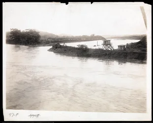 View of Waterway During the Construction of the Panama Canal with Prefabricated Workers